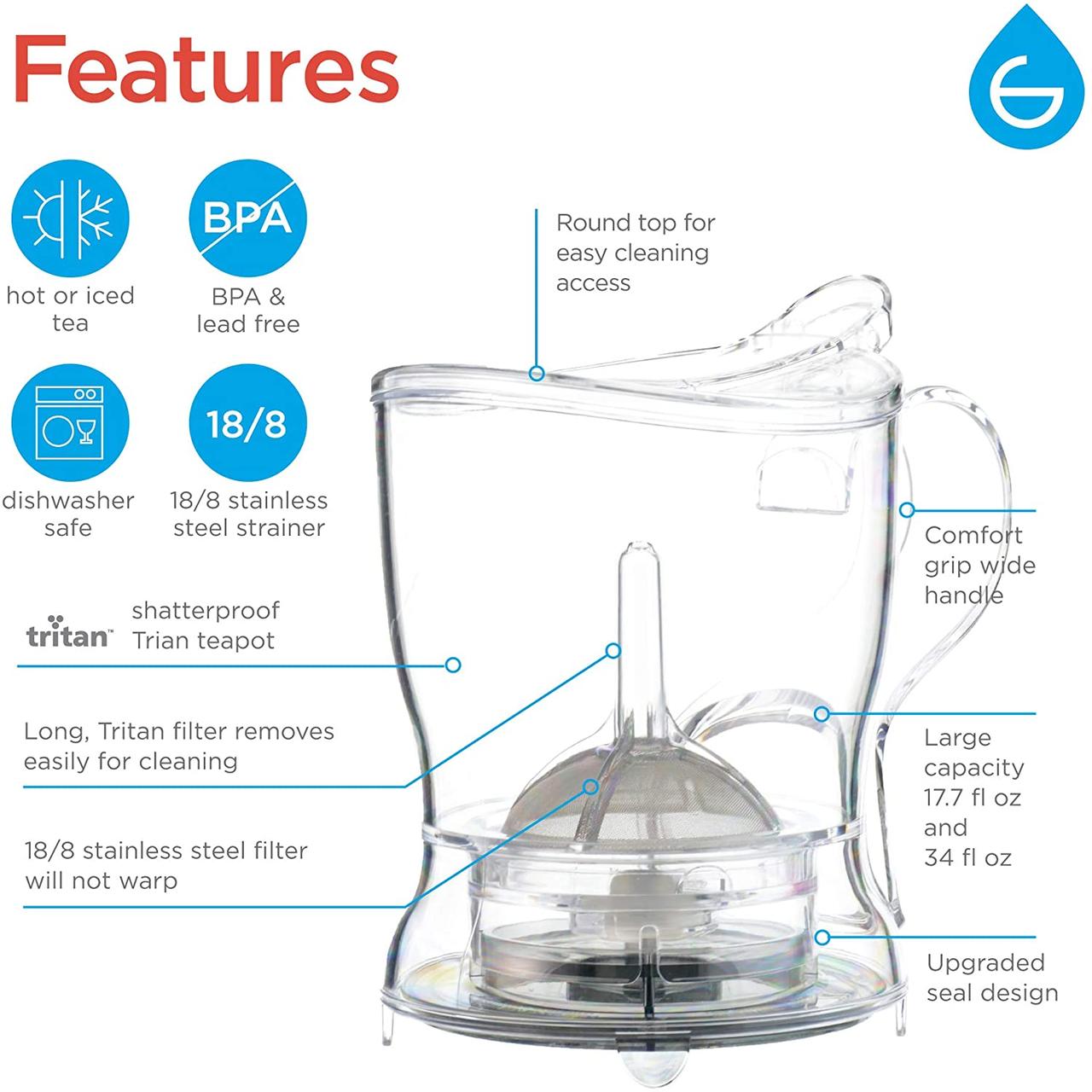 Чайник с подставкой, Tea Steeper, Easy Tea Infuser, 17,7 унций. 525 мл, ЛЕГКИЙ — изображение 5