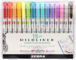 Zebra Pen Mildliner, двусторонний маркер, широкие и тонкие кончики, разные цвета, 15 шт