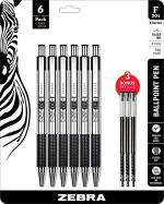 Шариковая ручка Zebra , выдвижная ручка из нержавеющей стали, тонкое острие, 0,7 мм, черные чернила 6 шт