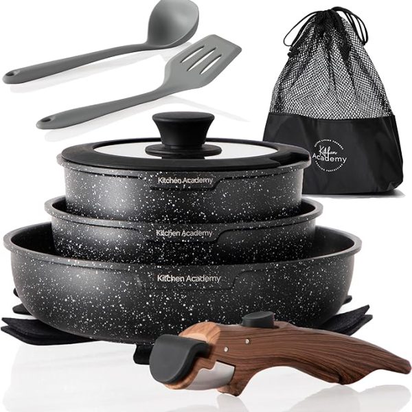 Набор сковород с антипригарным покрытием Kitchen Academy со съемной ручкой для индукционной плиты